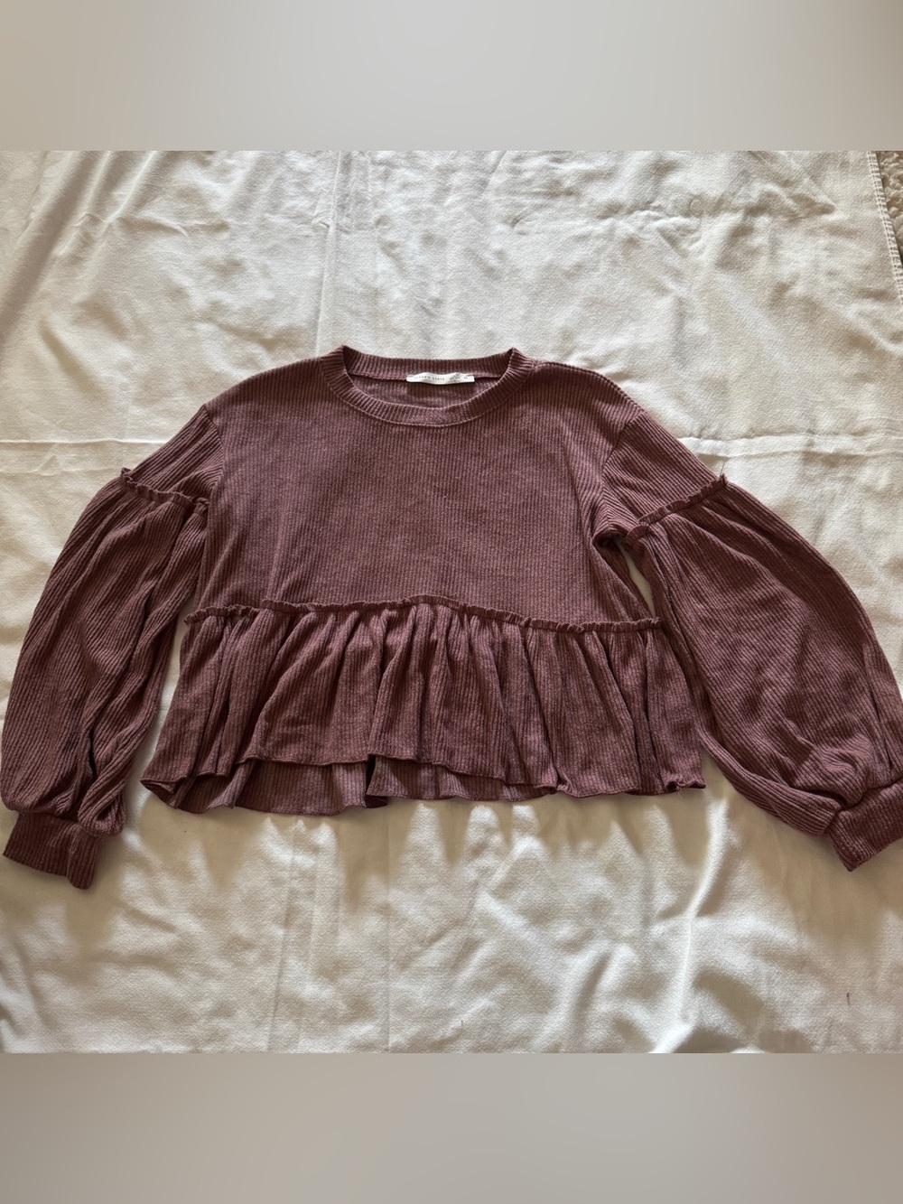 Altar'd State Mauve Ribbed Ruffle Peplum Top